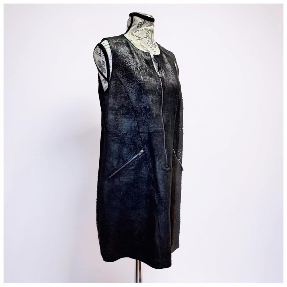 Lauren Vidal Black Textured Zip Front Sleeveless Dress |Minimalist | Luxe | S - Picture 3 of 11